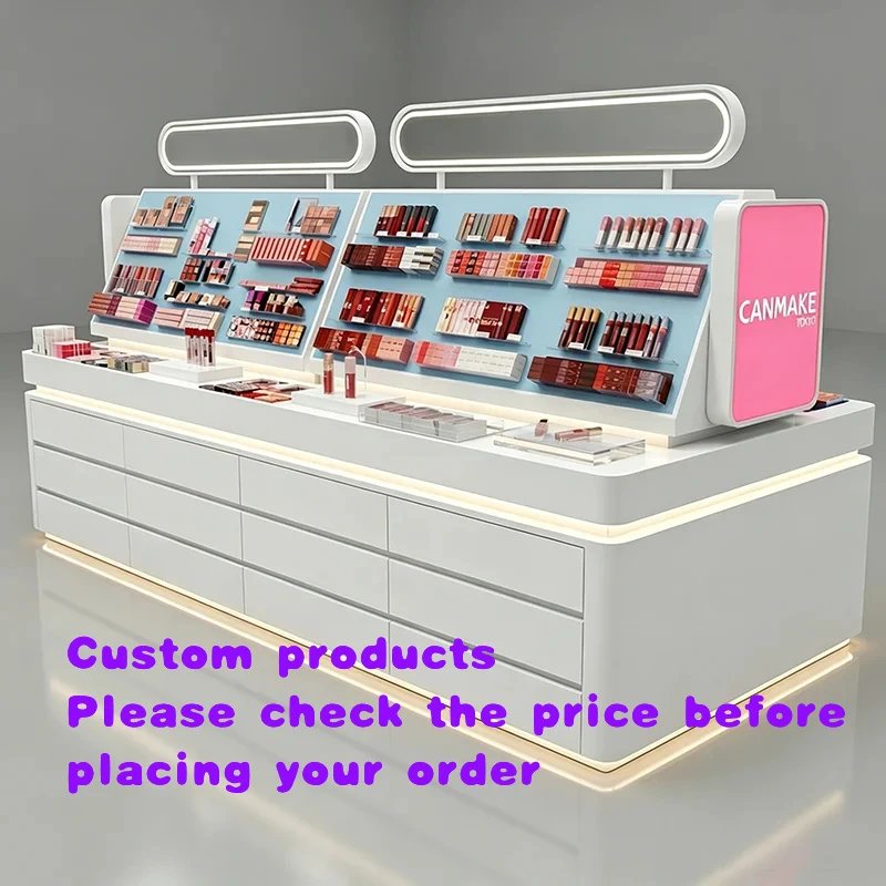 

custom.Customized cosmetic display cabinet with mirror, lipstick display rack with lights, beauty shop shelves, skincare display