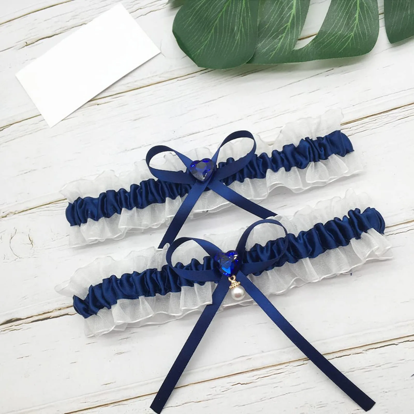 1 Paar Blauwe Bruiloftskousenbanden Elegante Elastische Witte Kanten Bruidskousenband Voor Bruiloften Trouwaccessoires Met Strikjes Bedels Voor Vrouwen