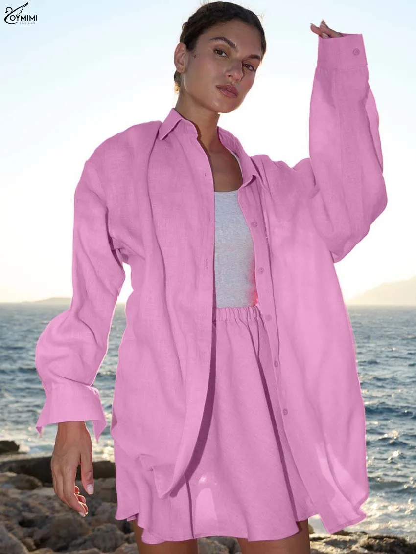 

Oymimi Casual Pink Loose 2 Piece Sets Woman Outfit Fashion Turn-Down Collar Long Sleeve Button Shirts And Simple Mini Skirts Set