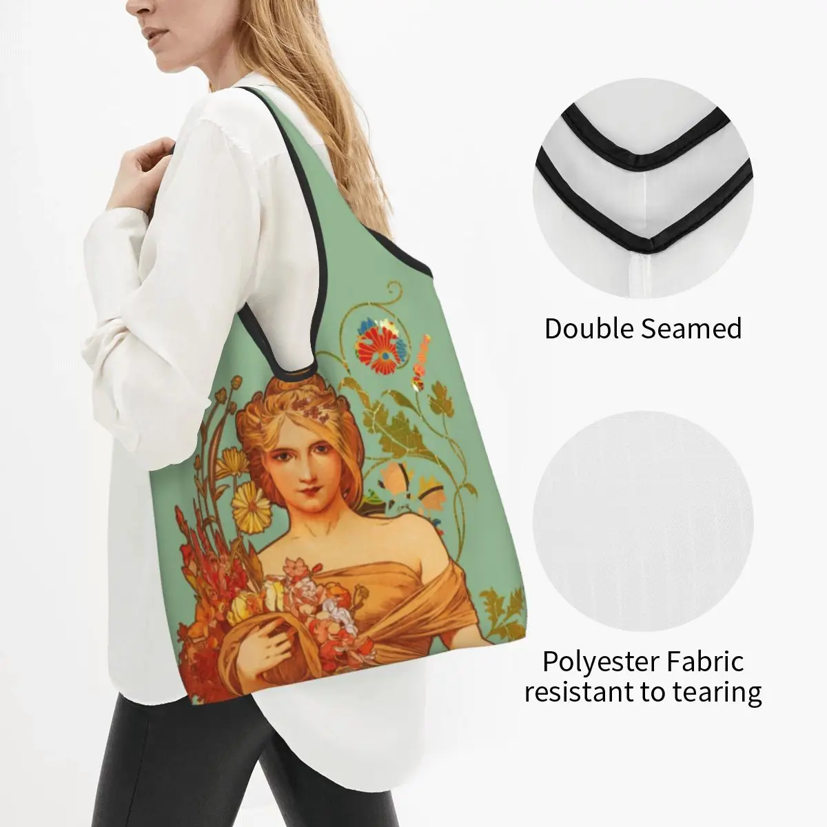 Alphonse Mucha Floral Shopping Bags Reusable Grocery Tote Bags Large Capacity Retro Beauty Women Recycling Bags Washable Handbag