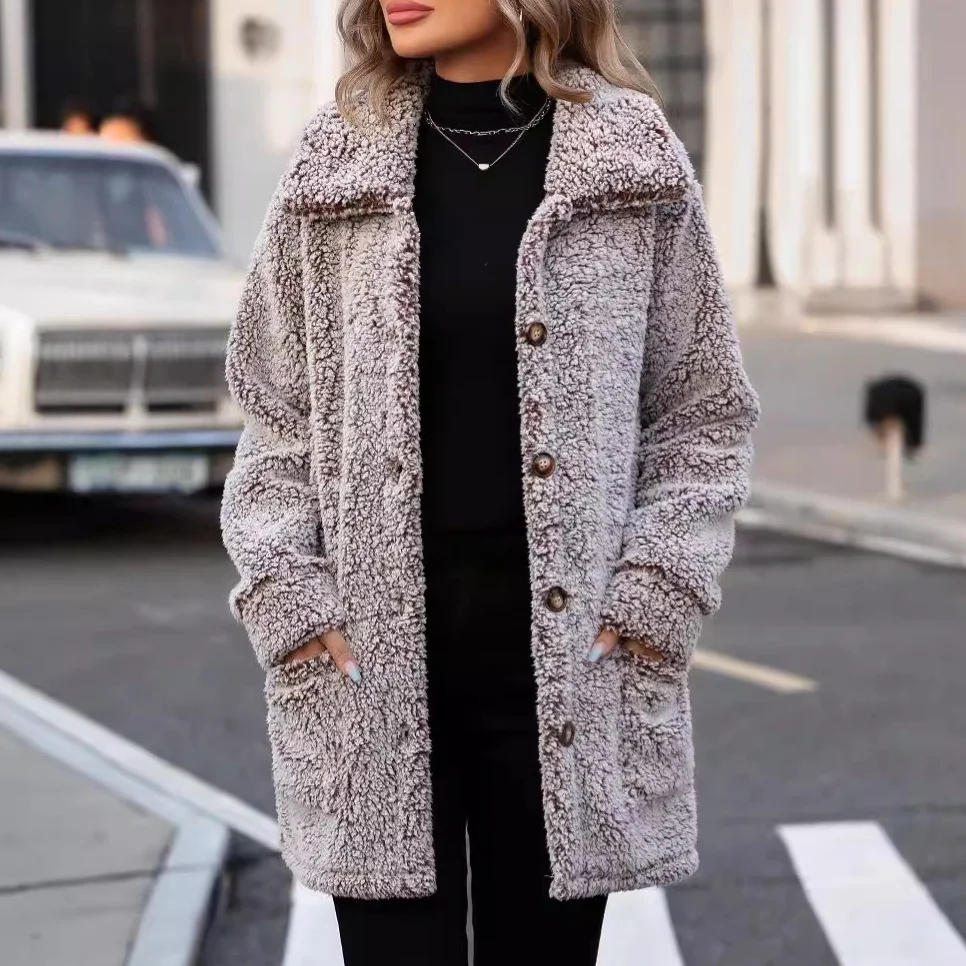 

Women's Casual Loose Cardigan Jaet 2025 Thiened Fluffy Velvet Fabric Triacetate Fiber Hat Hooded Printed Woolen Coat