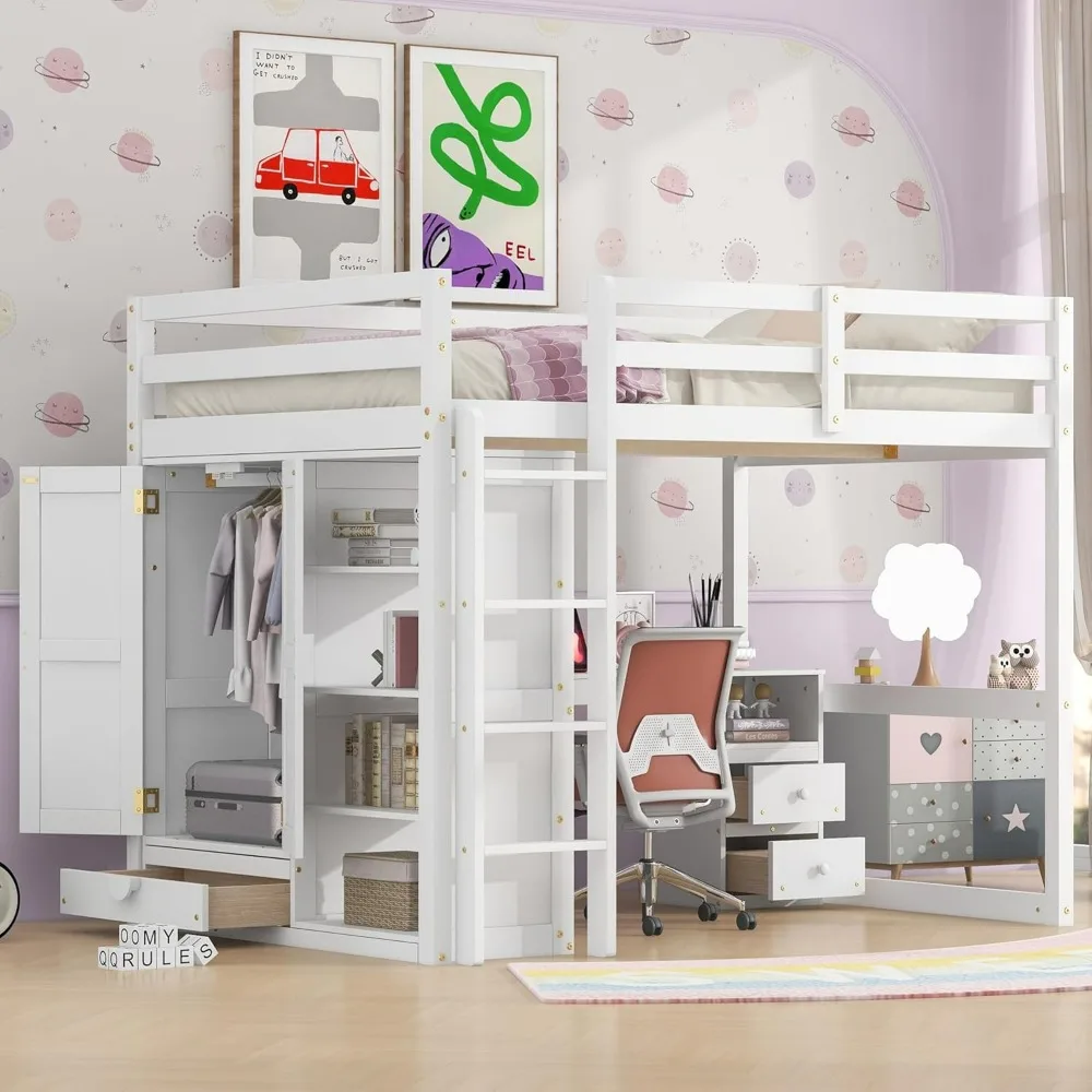 

Full Size Loft Bed with Wardrobe and Desk, Wood Loft Bed Frame with Storage Shelves and Drawers for Adults Teens and Kids, Beds