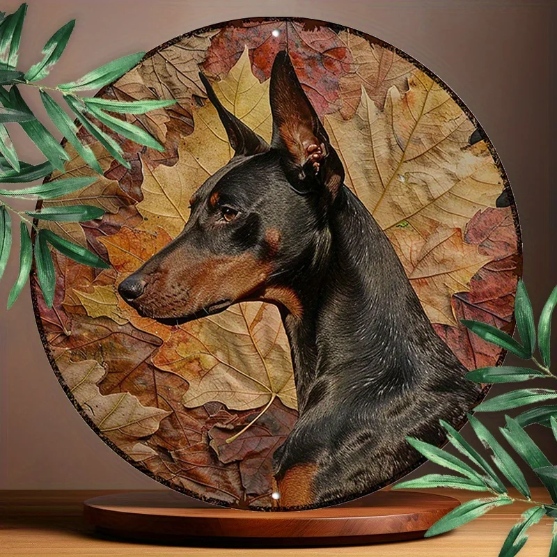 لافتة ألومنيوم مستديرة مقاس 8 × 8 بوصة: لوحة فنية جدارية من دوبيرمان بينشر ذات أوراق مجففة - مقاومة للماء والأشعة فوق البنفسجية لديكور المنزل #1