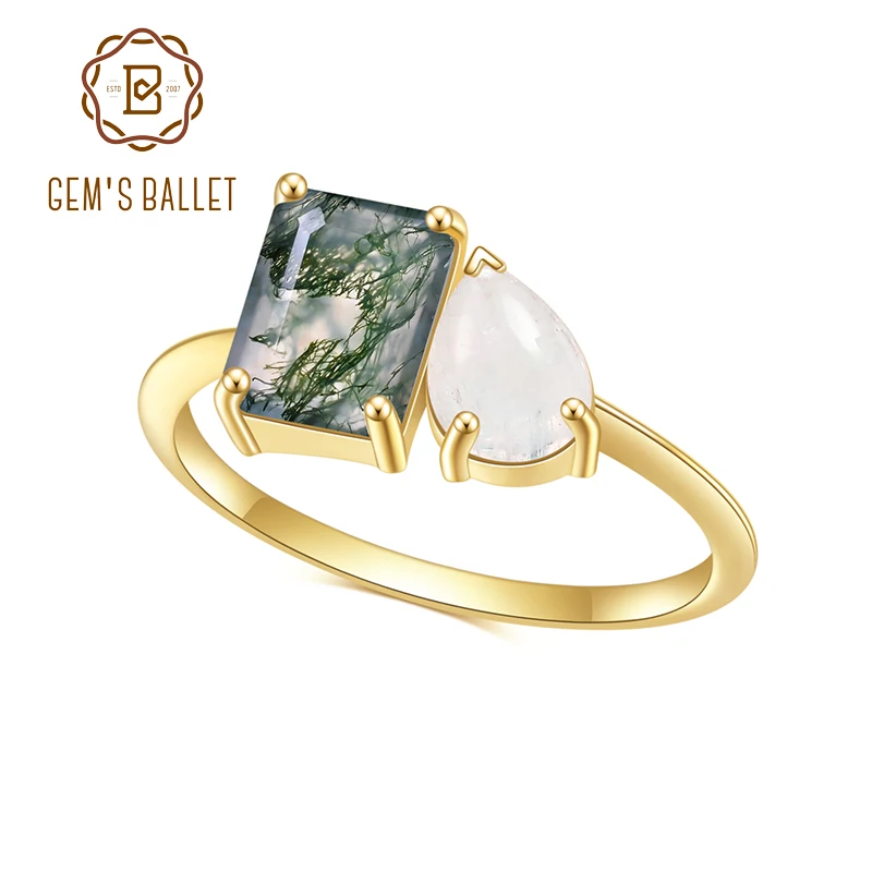 GEM\'S BALLET Milky Blue Moonstone Moss Agate anelli di fidanzamento in argento Sterling 925 Toi et Moi Ring Handmade Fine Jewelry