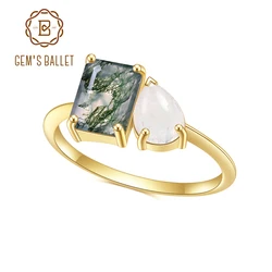 GEM'S BALLET Milky Blue Moonstone Moss Agate anelli di fidanzamento in argento Sterling 925 Toi et Moi Ring Handmade Fine Jewelry