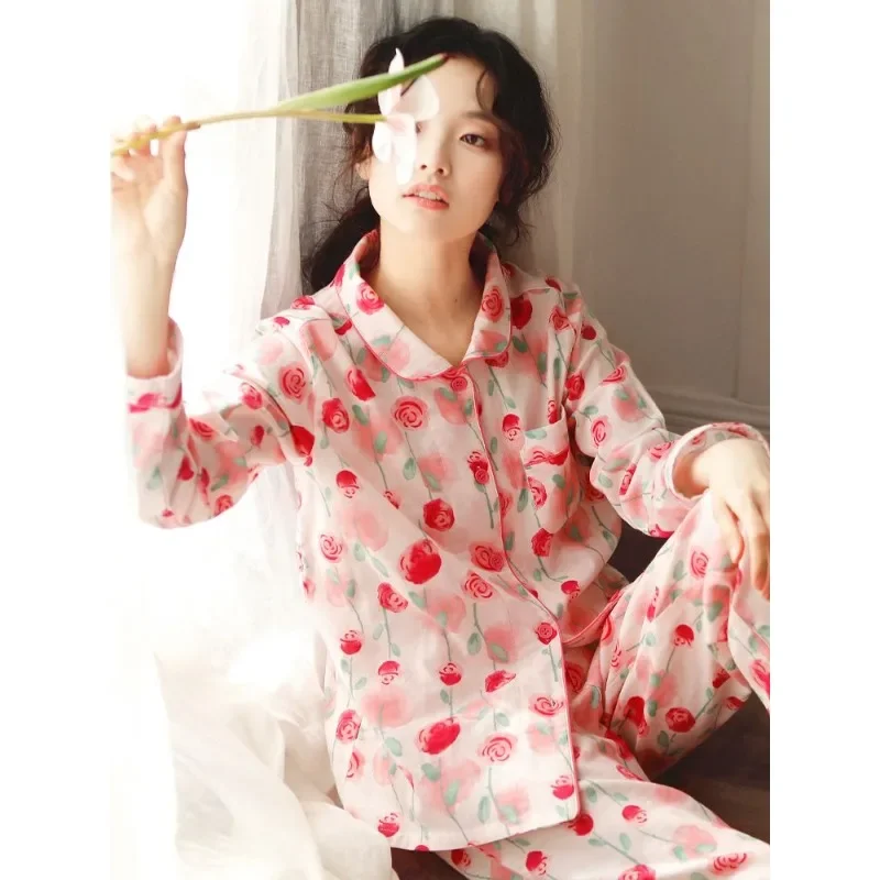 2024 Autumn/Winter Pajama Women Long Sleeve Cotton Red Rose Spring and Autumn Is A Lovely and Sweet Pure Cotton Home Wear Set