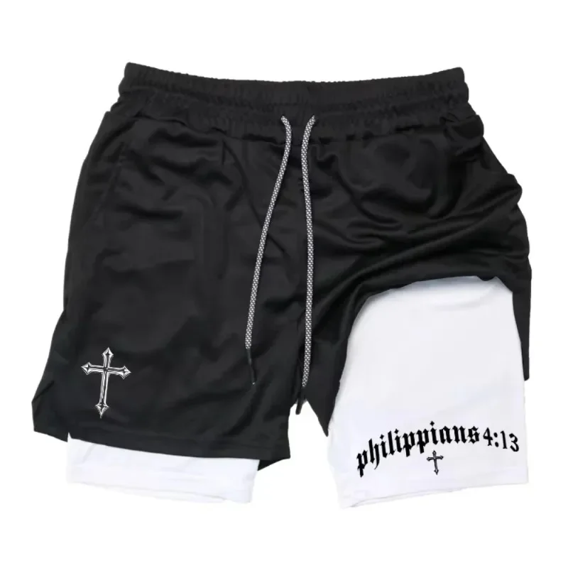 Latest Cross Bible Graphic 2-in-1 Athletic Shorts Men Fitness Christian Gym Workout Running with Cell Phone Pocket Towel Shorts