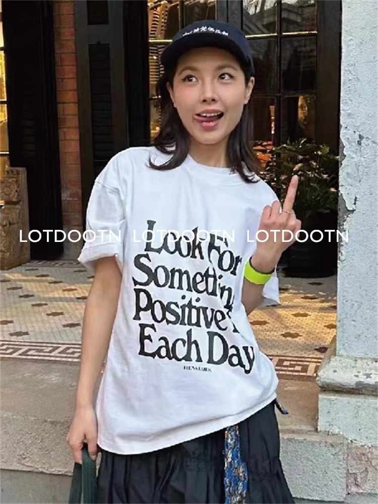 LOTDOOTN High Quality Cotton T-shirt Couple Letter Printed T-Shirt Oversized Funny Graphic Tee Men Women Summer High Street Tops