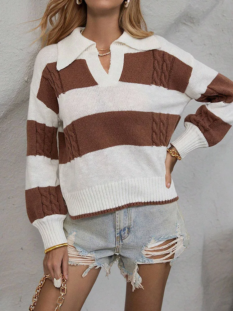 سترة نسائية محبوكة مخططة بلونين كاجوال متعددة الاستخدامات وياقة أنيقة وتصميم بسيط ملابس تريكو عصرية للاستخدام اليومي