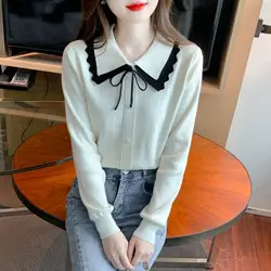 Temperament Red Bow Doll Collar Long Beard Knitted Bottoming Shirt for Women in Autumn and Winter with Sweater Elegant Retro Top