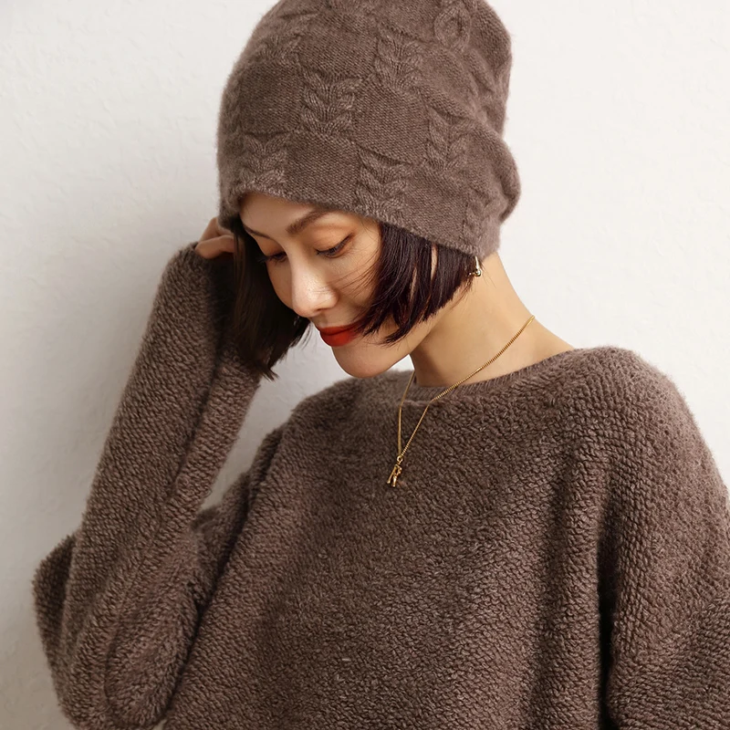 2024 New Autumn Winter Women Hats 100% Pure Cashmere Knitted Headgears Soft Warm Fashion Thick Cap 3 Colors High Quanlity