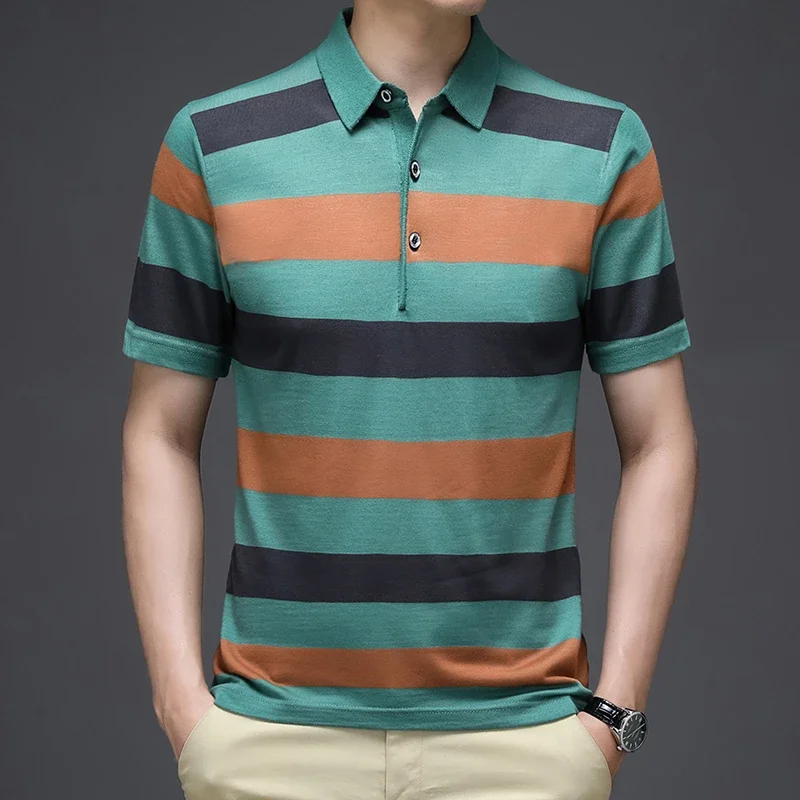 2024 Summer New Men\'s Knitted Stripe Short Sleeved POLO Shirt Comfortable and Cool Casual Fashion T-shirt