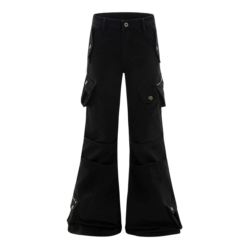 

GXFortune High Street Pleated Rivet Bell Bot Casual Work Pants Multiple kets Loose Function Wind Straight Leg Trousers