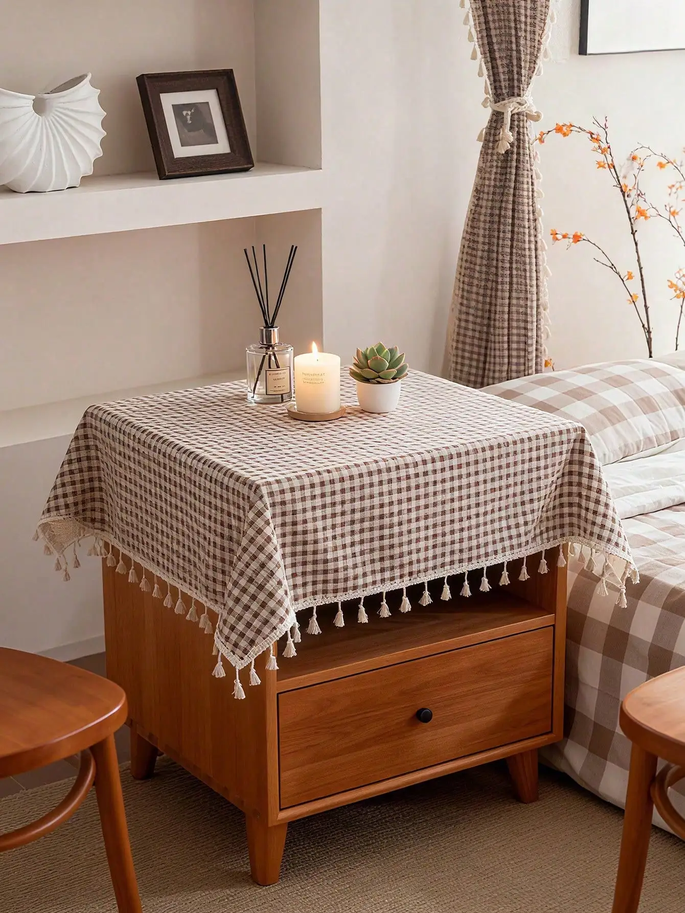 1pc Minimalist Plaid Woven Tablecloth, Fresh Farmhouse Style Decor For Bedside Cabinet, Coffee Table, TV Stand, Entryway