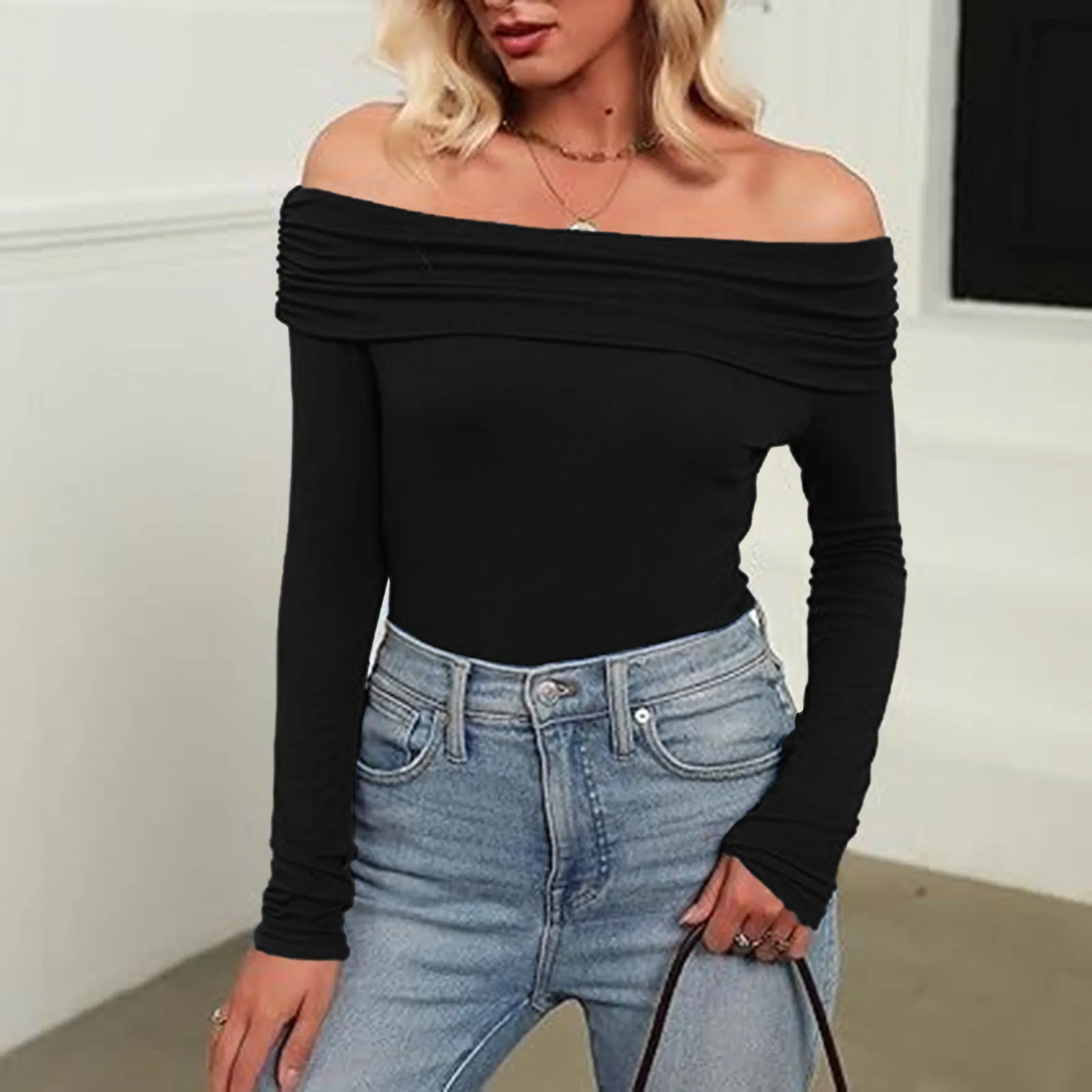 

Solid Color Off Shoulder Elegant Long Sleeve Tops Korean Fashion Slim Sexy Cropped T Shirt Women Autumn Y2k Clothing Skinny Tops