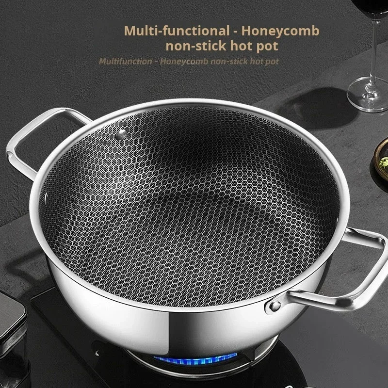410 Stainless Steel Soup Pot Wok Frying Pan Honeycomb Non-stick Pan with Lid Home Hot Pan Induction Cooker Gas Stove Universal