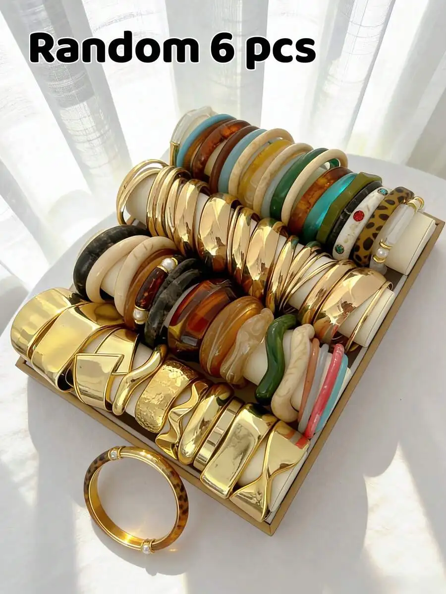 

Vintage Acrylic Resin Metal Bracelet Set Random 6 Pcs Boho Chic Wide Cuff Geometric Leopard Faux Pearl