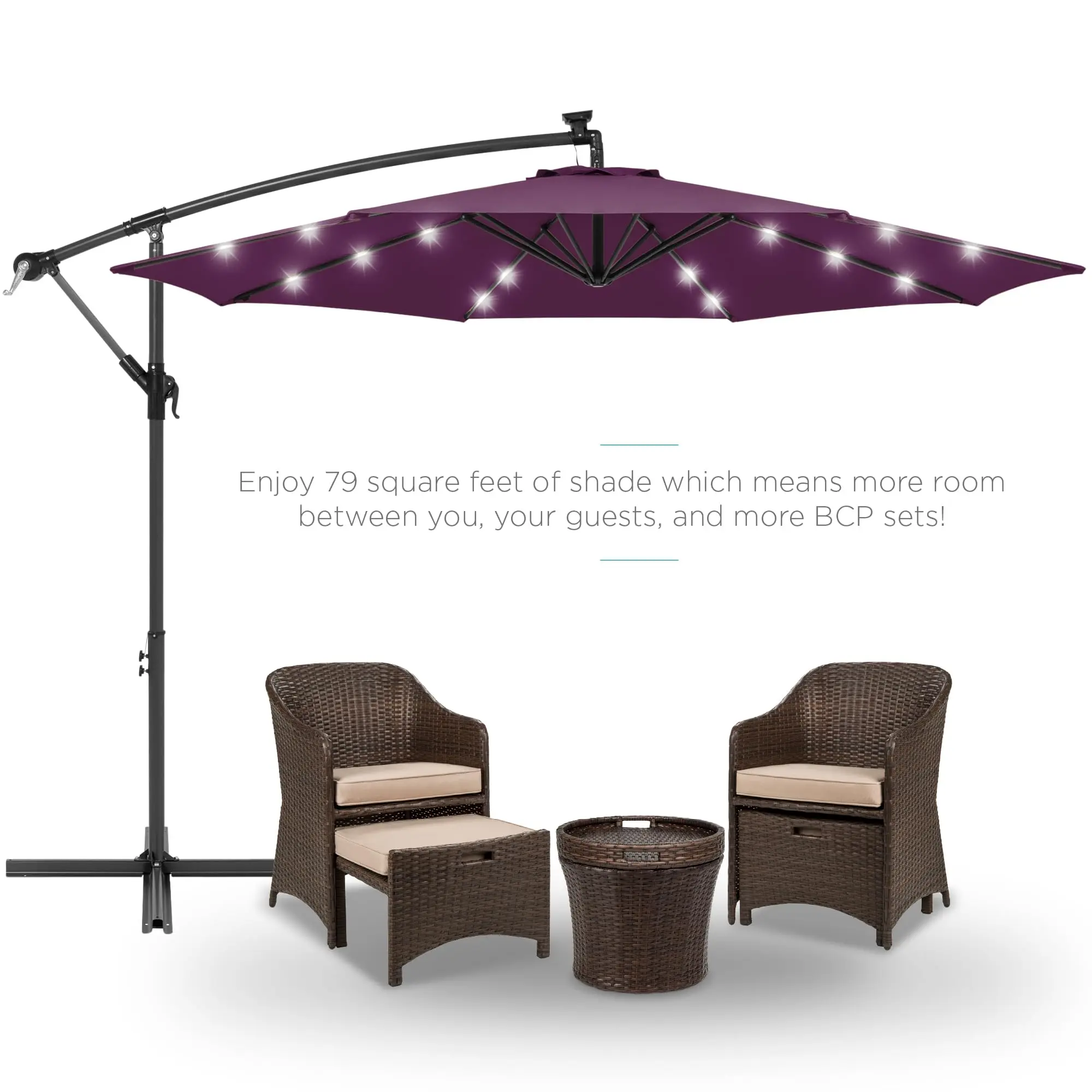 10ft Solar LED Offset Cantilever Hanging Market Patio Umbrella, 8 Sturdy Ribs, Easy Adjustment - Amethyst Purple