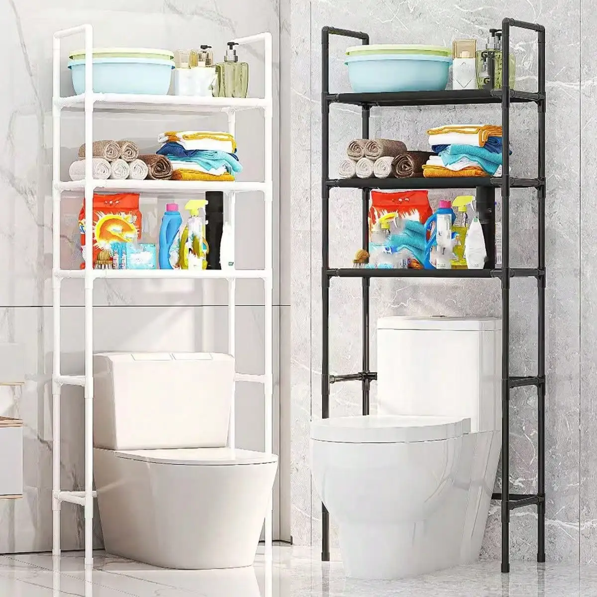 Toilet Over-The-Toilet Storage Rack. Floor-Standing Toilet Shelf, No-Drill Bathroom Storage Cabinet, Bathroom Storage Rack, Easy To Assemble And Disassemble, Waterproof Fabric Dividers, Vintage Black, Pearl White.