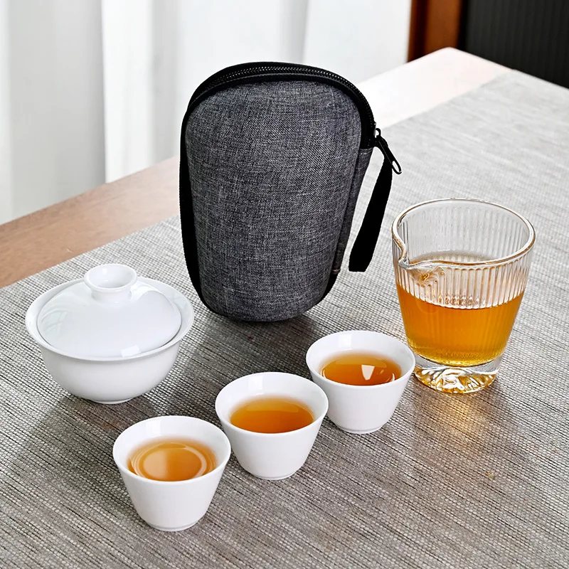 Portable Tea Set for Outdoor Travel, Ceramic Quick Cup, Minimalist Trio, Car-mounted Tea Ware Set