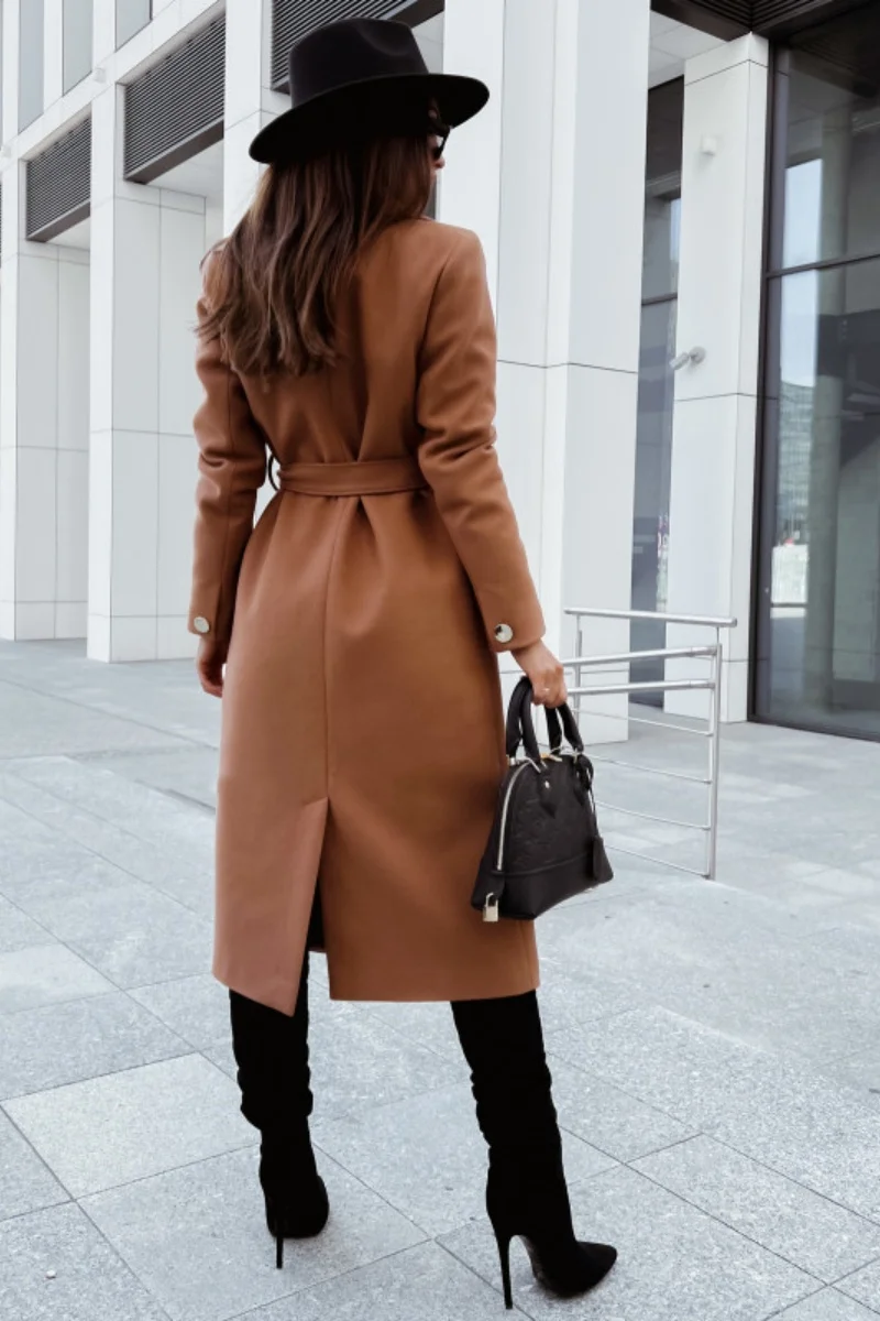 Women's Elegant Camel Wool Blend Long Coat with Belted Waist Notch Lapel and Single Breasted Buttons for Winter Fashion