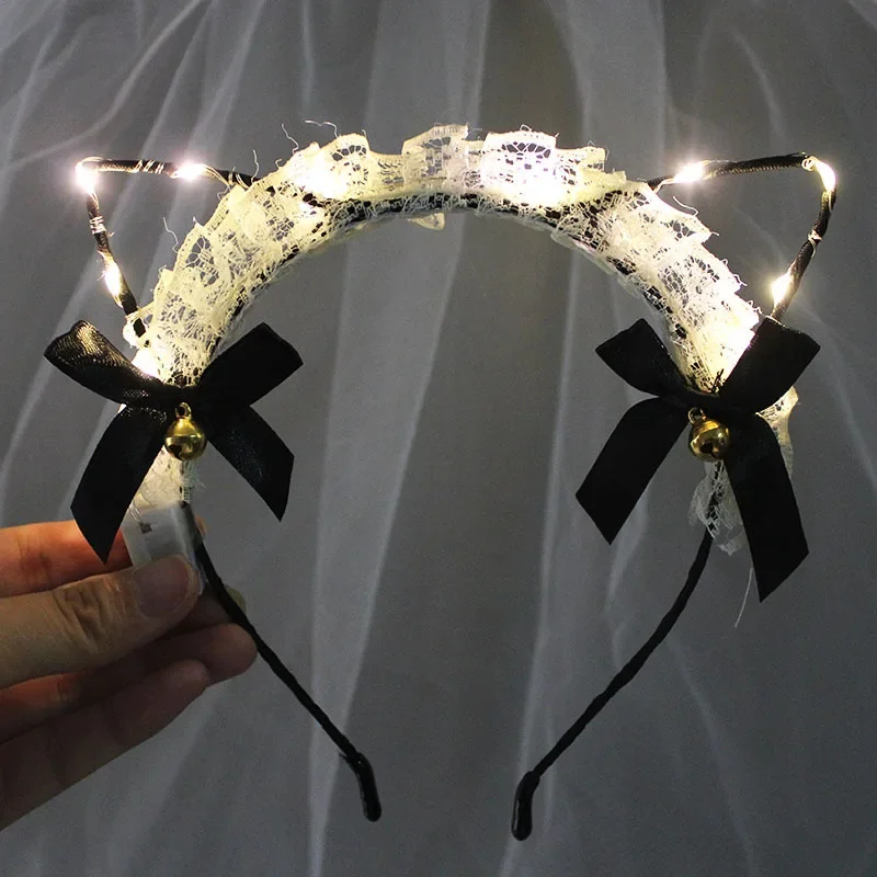 LED Glow Party Light Sexy Lace Cat Bunny Ear Feather Headbands Black White Bow Bell Headpieces Wedding