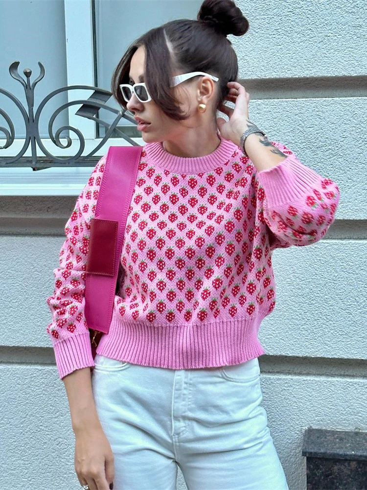 Strawberry Printed Knitted Pullover Tops Women Chic O Neck Long Sleeves Warm Loose Sweater Autumn Lady Commuting Street Jumpers