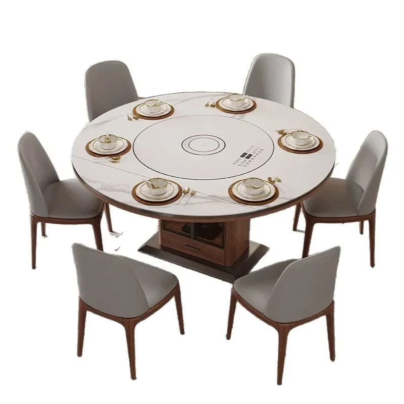 

Medieval solid wood dining table tea table multi-functional with warm vegetables induction cooker rotating turntable round ash w