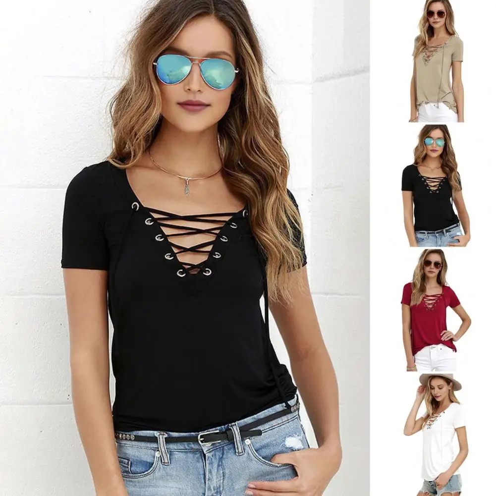 Solid Color Short-sleeve Tee Stylish V-neck Women's Tops with Tie Design for Summer Daily Wear Slim Fit Tee Shirt Solid Color