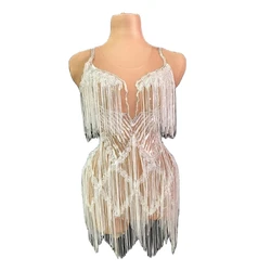 Sparkly Fringe Dress For Women Sequin Shining Sheer See Through Sexy Dance Costume Drag Queen Outfit Gogo Dancer DJ Stage Wear