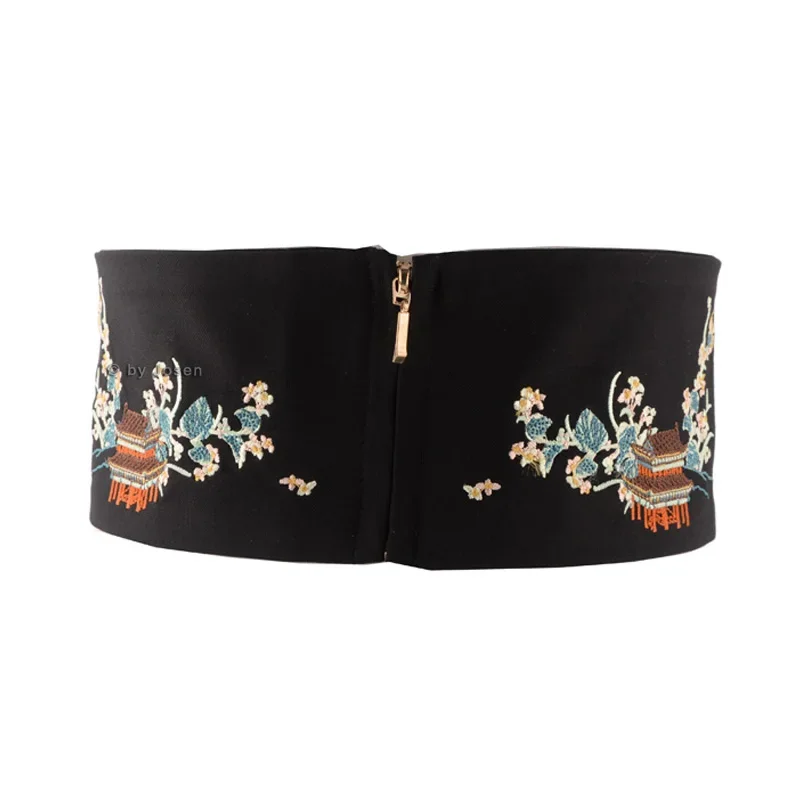 

Retro National Belt Versatile Small Courtyard Embroidered Women's Dress Han Style Dress with Elastic Cloth Belt and Waist Cover