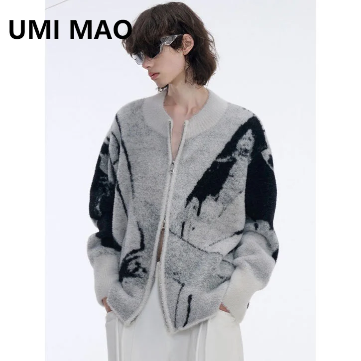 UMI MAO Premium Thorn Embroidery Gradient Sweater Cardigan Coat Trendy Brand Men's Vintage Lazy Zipper Knitwear