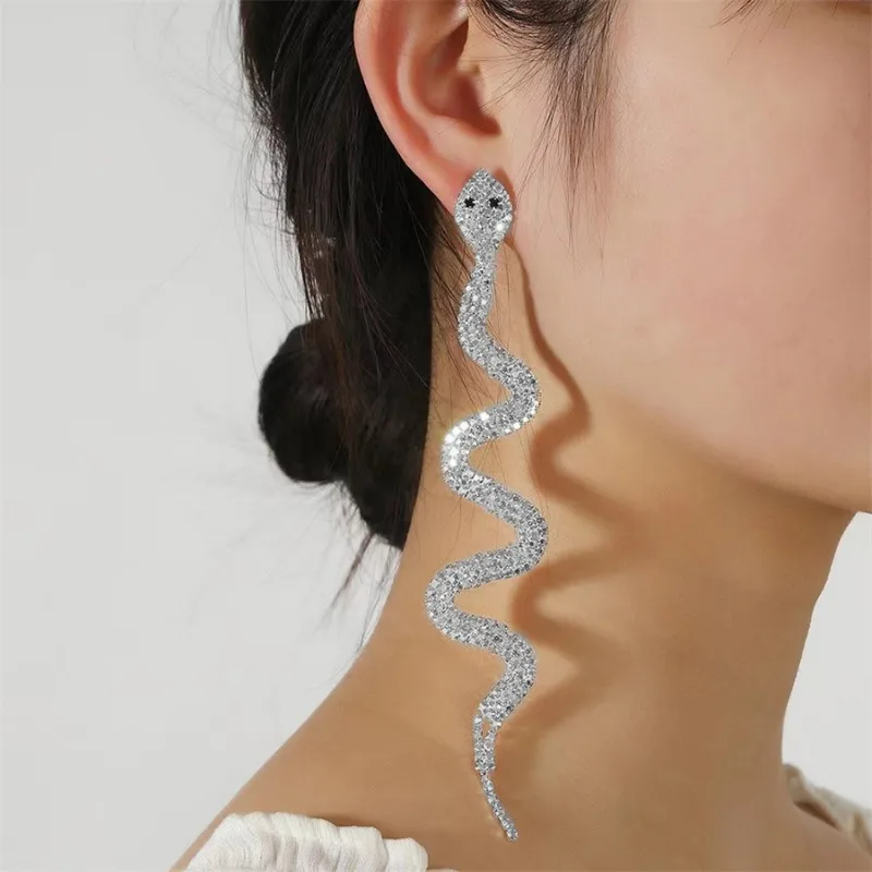 Exquisite Fashionable Exaggerated Long Tassel Earrings with Sweet and Cool Design Inlaid with Rhinestone Snake Shaped Earrings