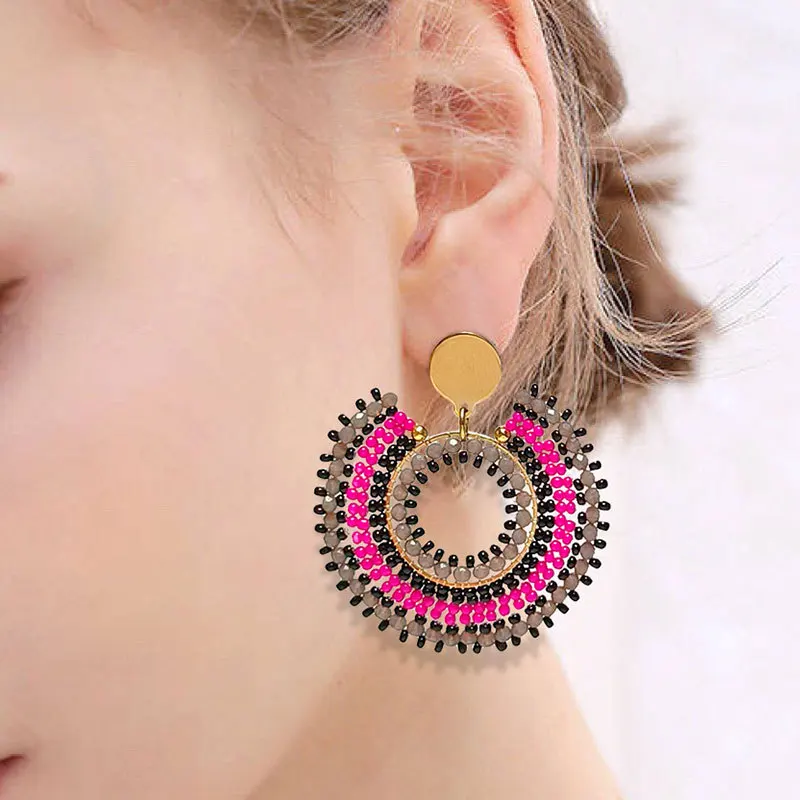 Beaded earrings Crystal Originality Colour Circle Hand knitting Bohemia Alloy Exquisite Tide Simple Rice bead earrings