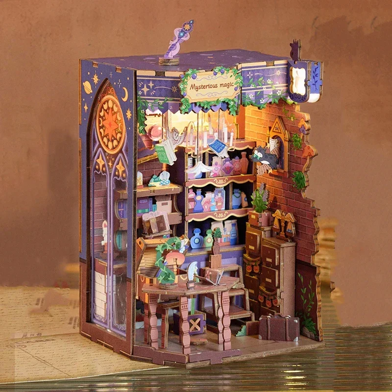 

Mysterious Magic House Bookend DIY Wooden Book Nook Shelf Insert Kit Miniature Model Kits Bookshelf for Friends Birthday Gifts