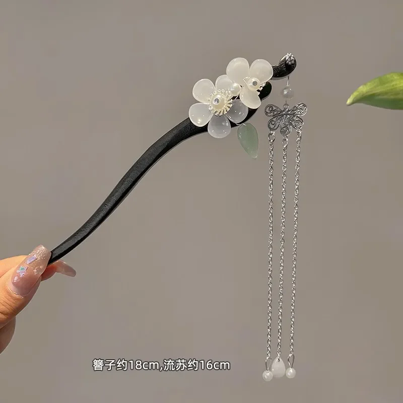 Palillos para el cabello de estilo chino, palillos para el cabello de madera con flores, decoración floral retro con borla, horquillas de madera hechas a mano, accesorios para el cabello