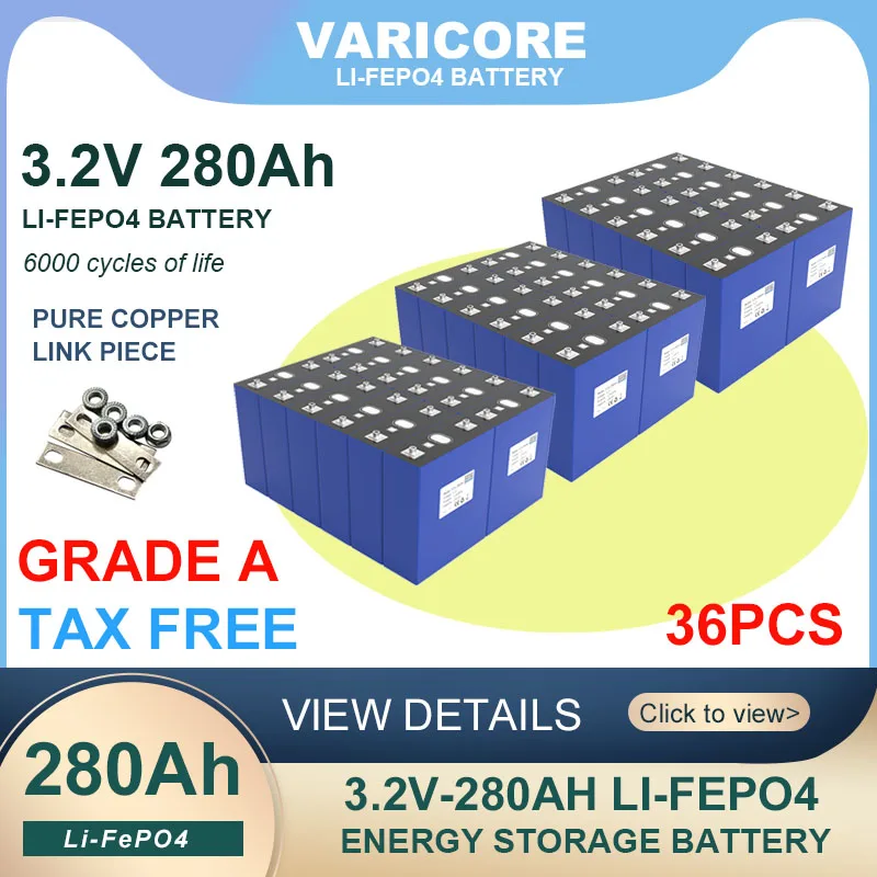 36pcs Grade A 3.2V 280Ah lifepo4 battery DIY 24v 36v for inverter Electric Car Solar Energy storage system Batteries Duty-free