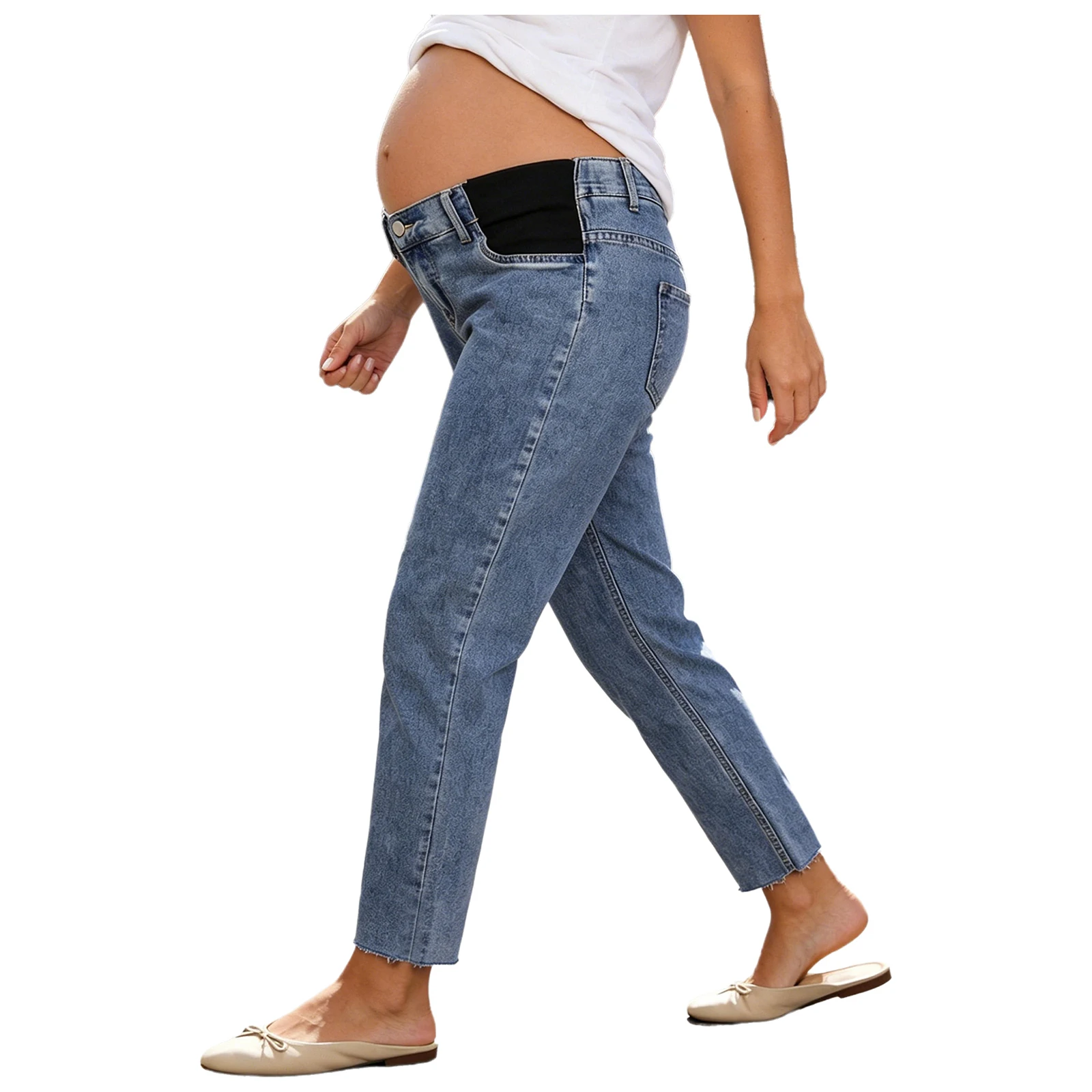 Pregnant Womens Jeans Pants Early-pregnancy Adjustable Waistband Raw Hem Straight-leg Pants for Casual Daily Life