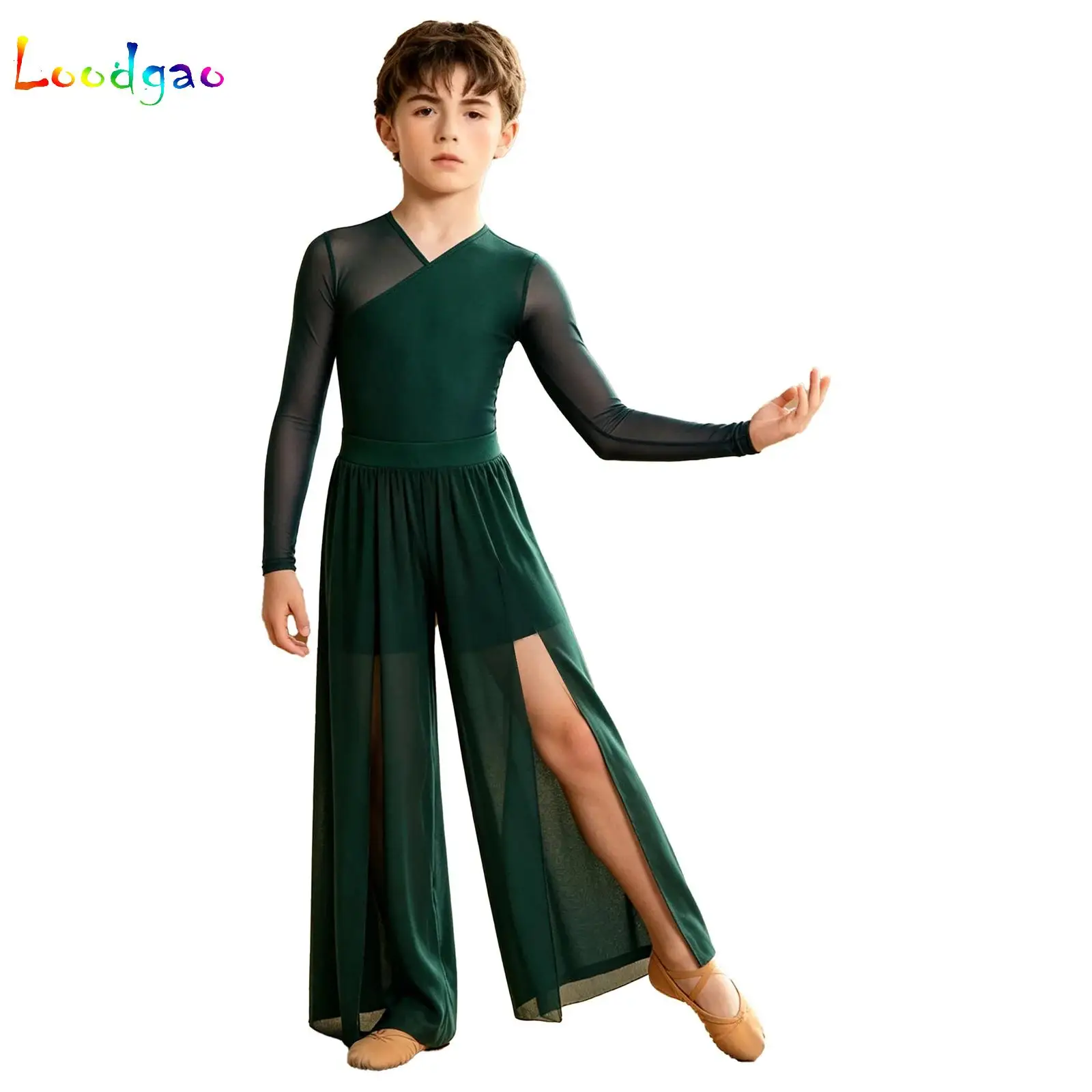 

Kids Boys Ballet Dance Leotards Bodysuit with Split Mesh Pants Dance Suit for Modern Lyrical Contemporary Performance Costumes