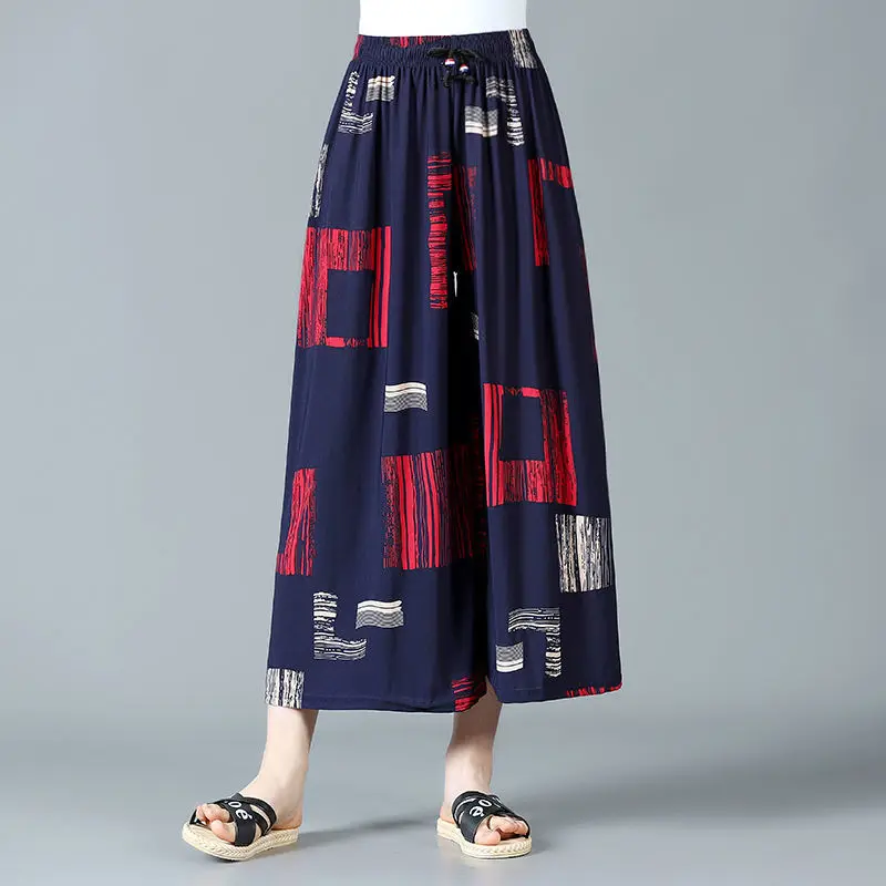 Vintage National Style Geometric Pattern Printing Loose Pantskirt Spring Autumn Elastic High Waist Nine Points Wide Leg Trousers