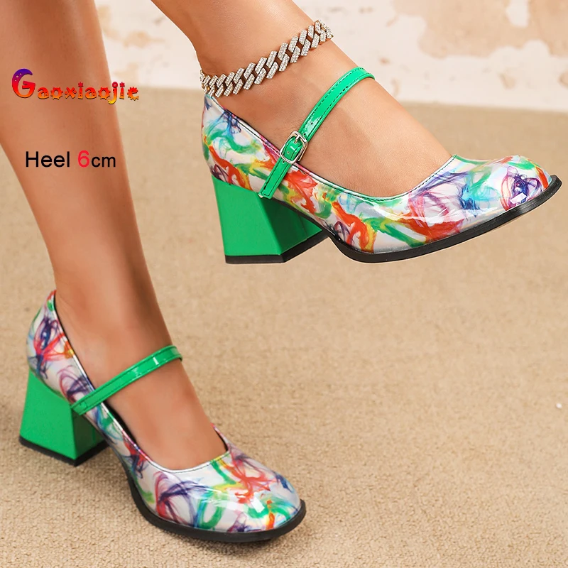 

New High Heel Women Shoes Fashion Square Head Shallow Mouth One Word Buckle Strap Plus Size Pumps Coarse Heel Lady Single Shoes