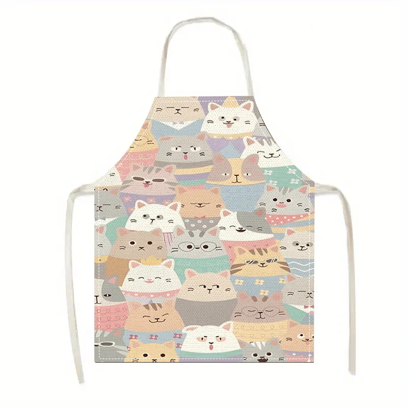 1pcs Cute Cat Pattern Apron Linen Cooking Kitchen Baking Bib For Women Chef Waitress Housework Cleaning Dust Proof