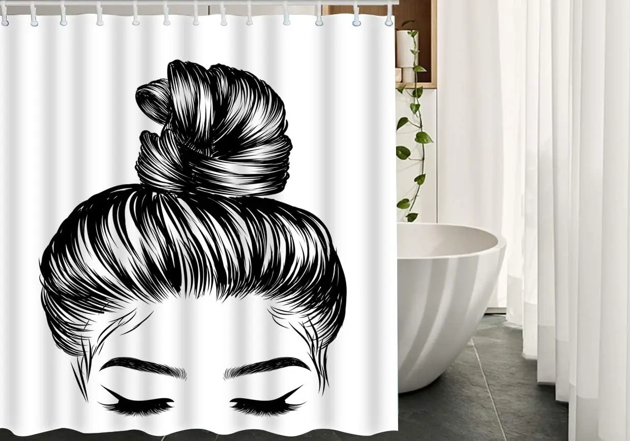 Girl Bath Shower Curtain Set Sketch of Woman Fashion Bun Perfect Eyebrow Eyelash Shower Curtains Home Decorative Extra Long
