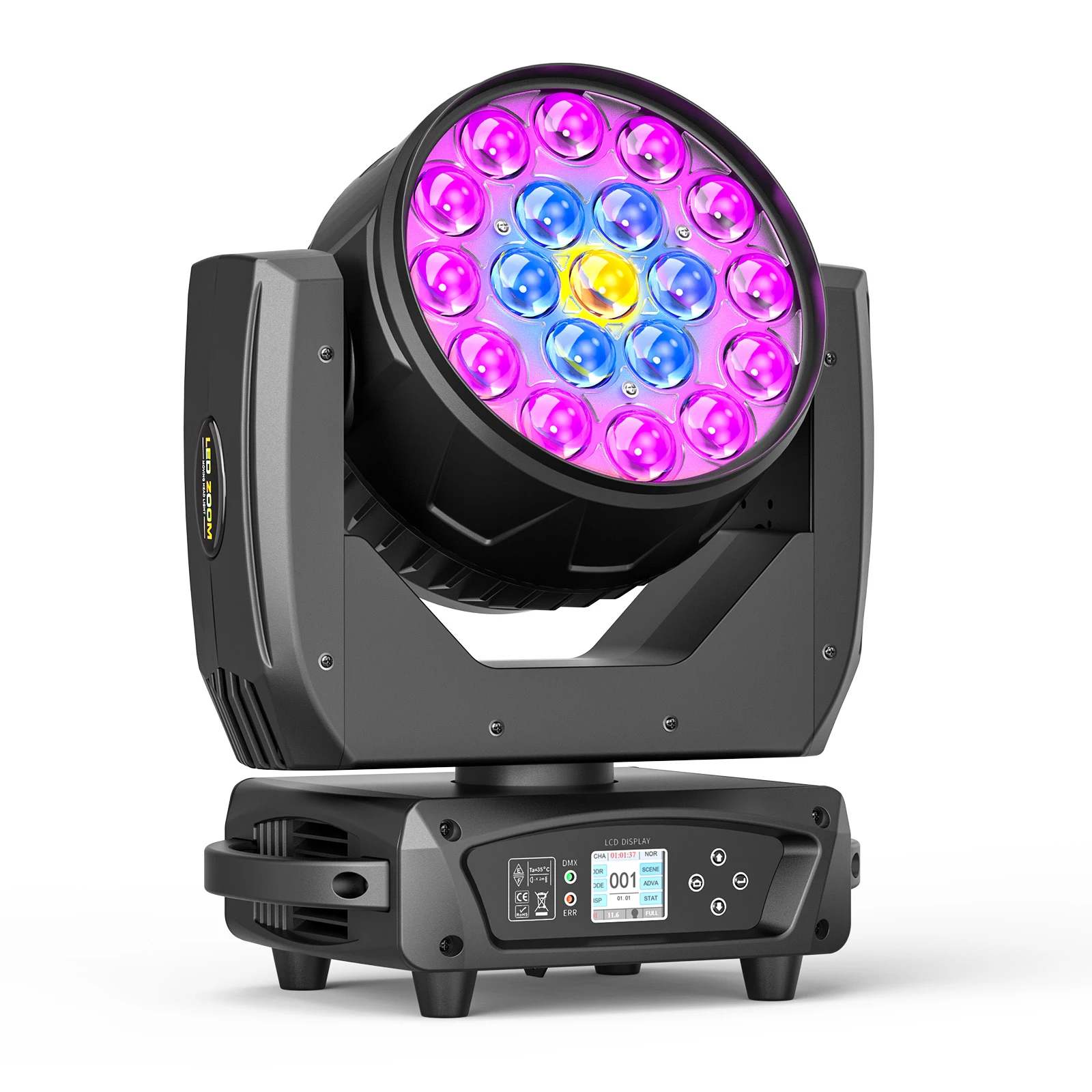 Fieryzeal 19x10W RGBW 4in1 Beam Wash Zoom LED Moving Head Light DMX512 Stage Light Effect 200W โฟกัสสําหรับ DJ Disco Party