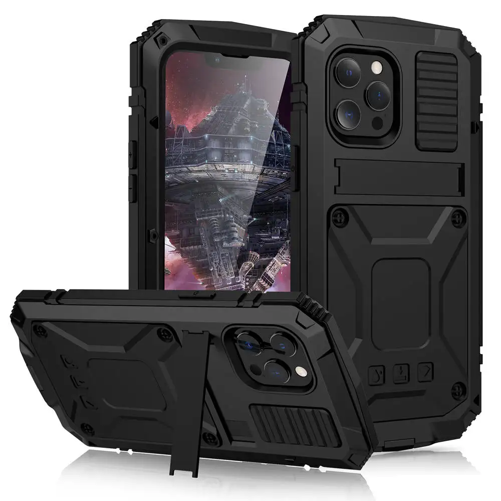 

Full-Body Rugged Armor Shockproof Protective Case for iPhone 14 13 12 Pro Max 14Plus Mini Kickstand Aluminum Metal Glass Cover