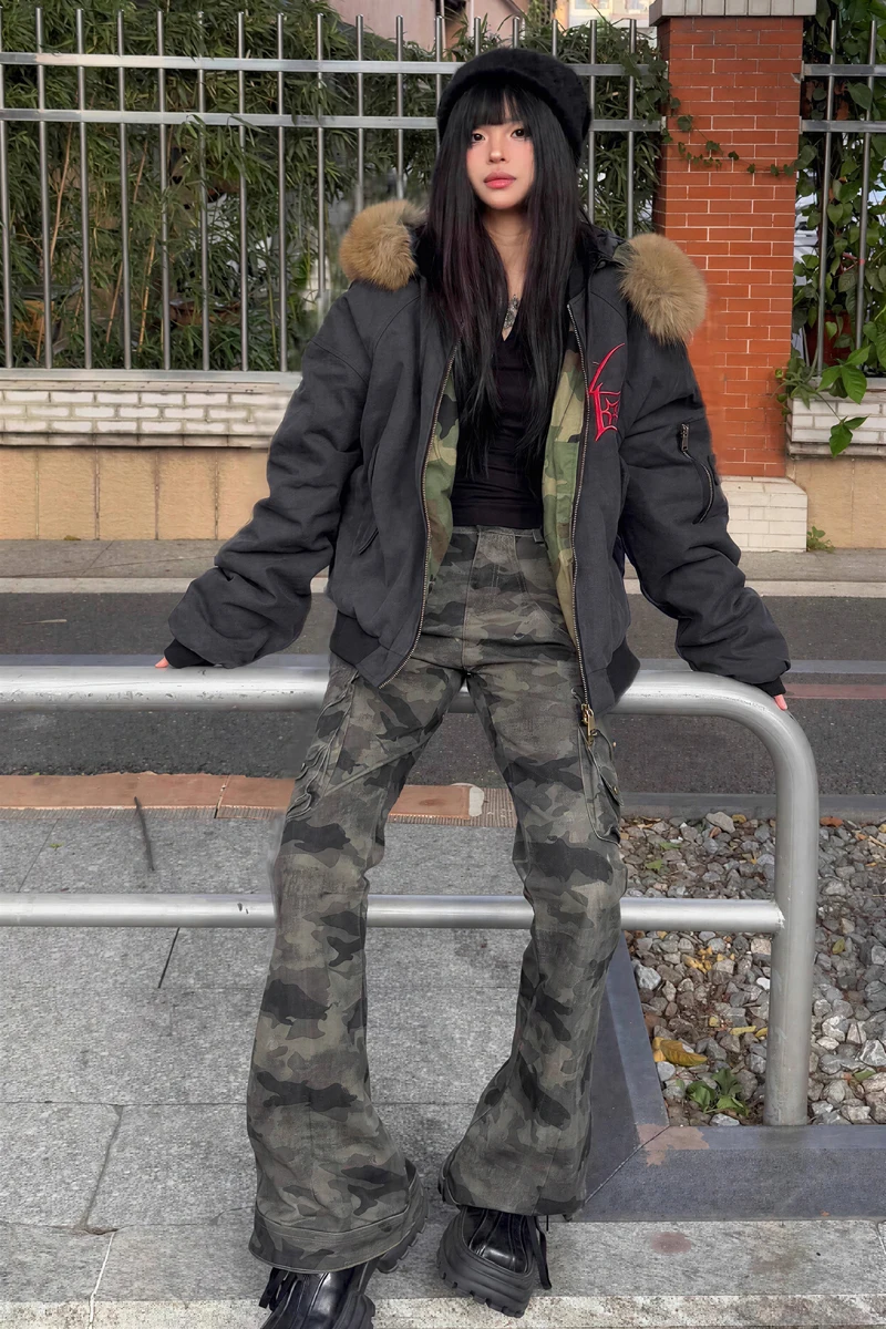 Parkas Womens Y2K Autumn Drawcord Double-Pocket Layered Maillard Multi-Color Rainbow Tie-Dye Timeless Edgy Fashionable Colorful