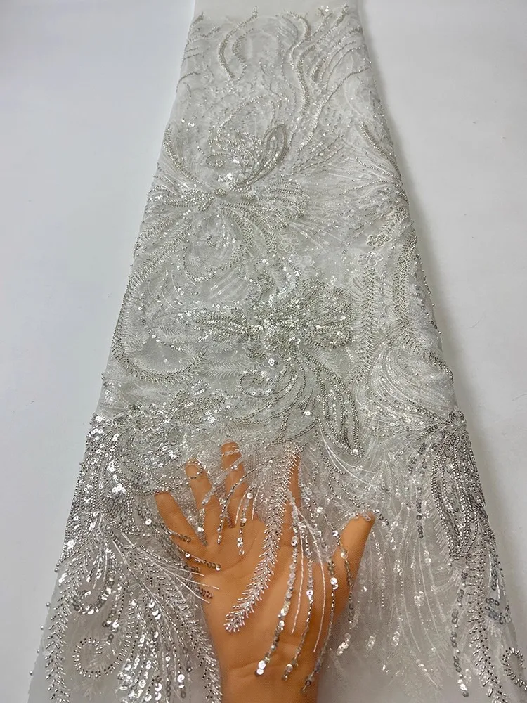 

1yard new gauze fabric for clothing Heavy industry bead tube sequin flower embroidery tela wedding Dress cheongsam fabrics