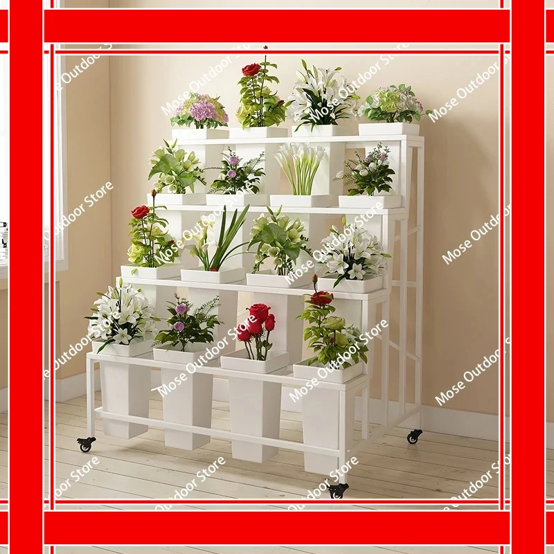 Florist, flower plastic flower bucket holder, indoor, movable with wheels, wrought iron light luxury display stand