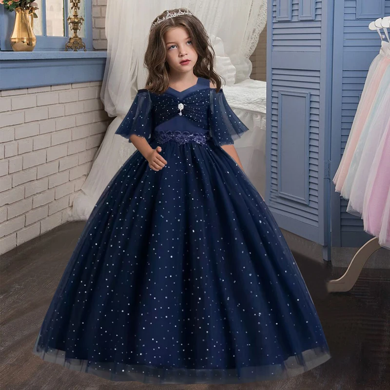 4-14Y Lace Teenagers Kids Girls Wedding Long Dress elegant Princess Party Pageant Christmas Formal Sleeveless Dress Clothes