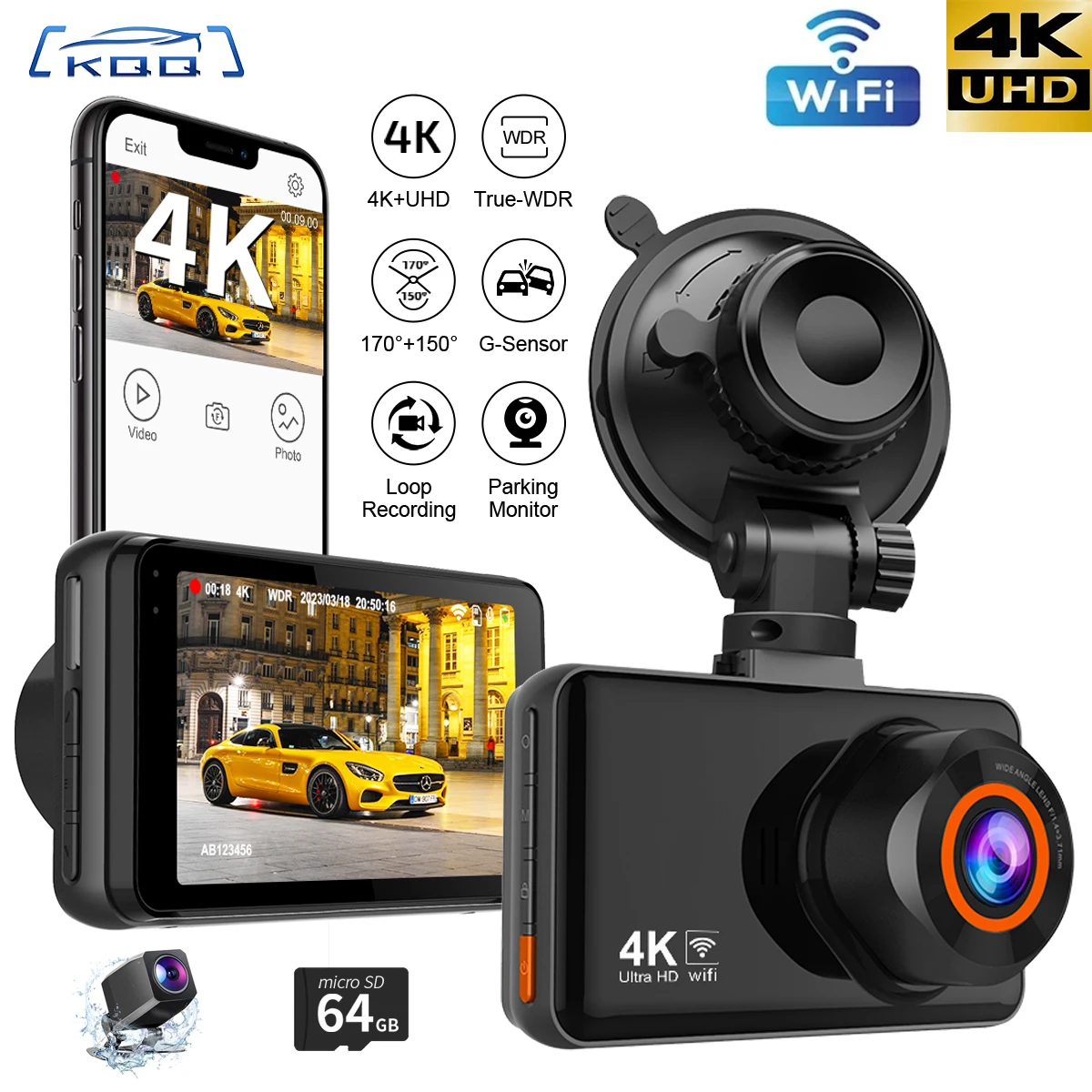 KQQ 4K WiFi Dash Cam สําหรับรถยนต์ด้านหน้าและด้านหลัง Dual เลนส์ Auto Dashcam Time-lapse วิดีโอ Wifi ในตัวสนับสนุน 24H ที่จอดรถ